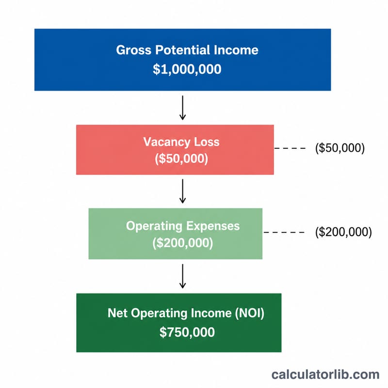 Waterfall diagram of income flowing down through expense deductions to net operating income