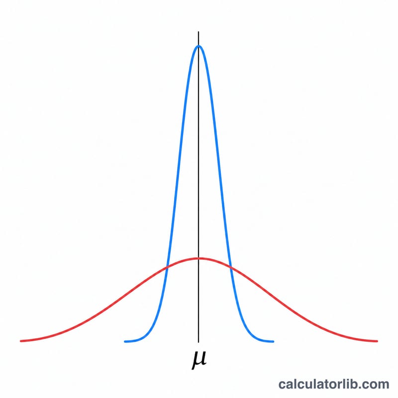 Two bell curves, one narrow and one wide, sharing the same mean