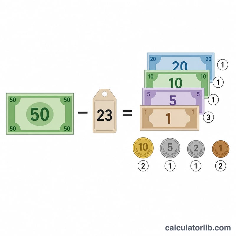 お釣りを数枚の紙幣と複数の硬貨に分けた図、枚数バッジ付き
