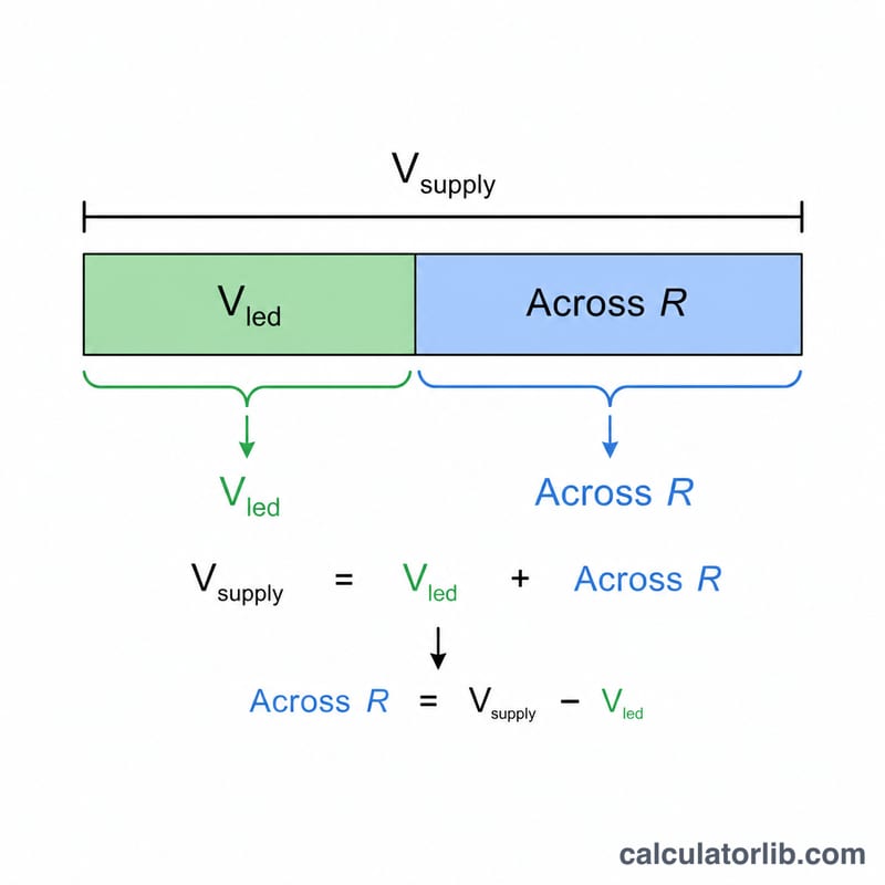 Diagram showing supply voltage minus LED forward voltage equals voltage across the resistor