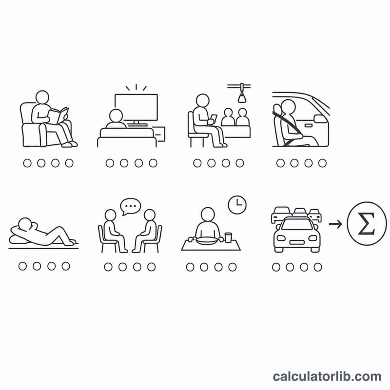 Eight situation icons each with a small 0 to 3 rating indicator summing to a total