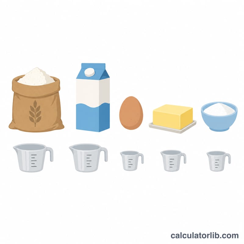 Biểu tượng phẳng các nguyên liệu làm bánh: bột mì, sữa, trứng, bơ và đường cùng cốc đong