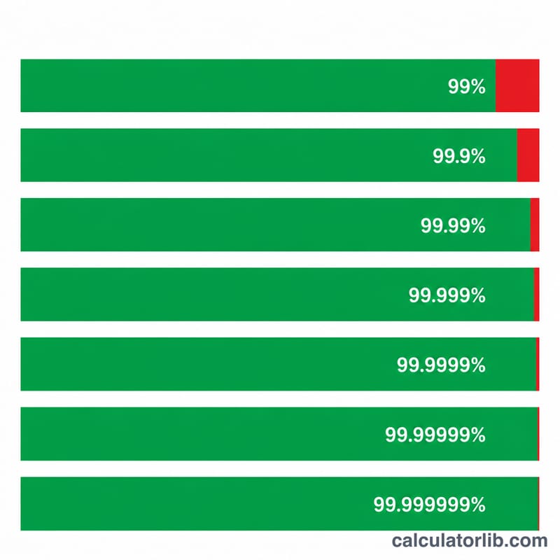 Stacked bars showing shrinking downtime slivers for higher uptime percentages