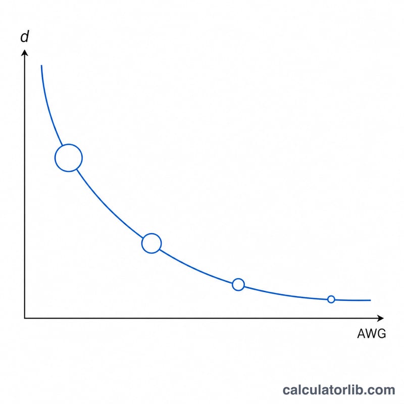 Gráfico que muestra cómo el diámetro del cable disminuye al aumentar el número AWG
