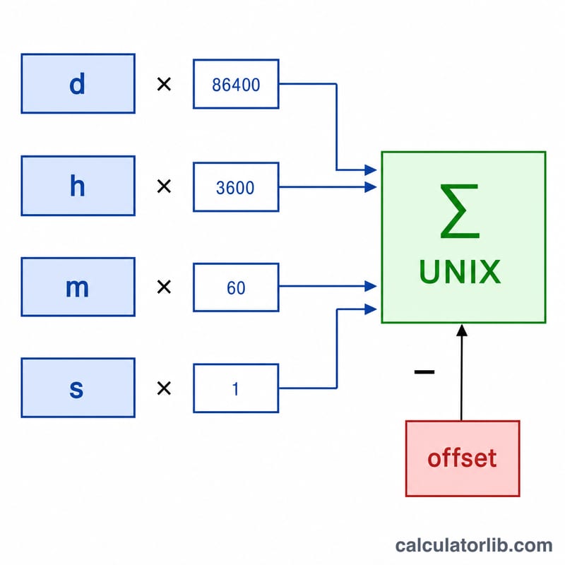 Diagram breaking a date and time into days, hours, minutes, seconds and a UTC offset adjustment