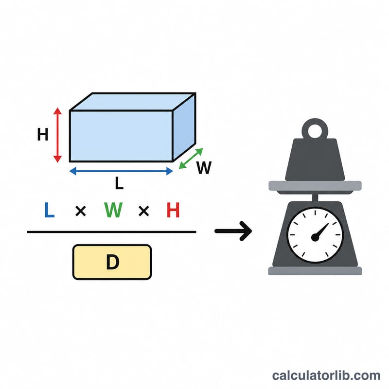 Diagram showing box volume divided by a dimensional divisor to give volumetric weight