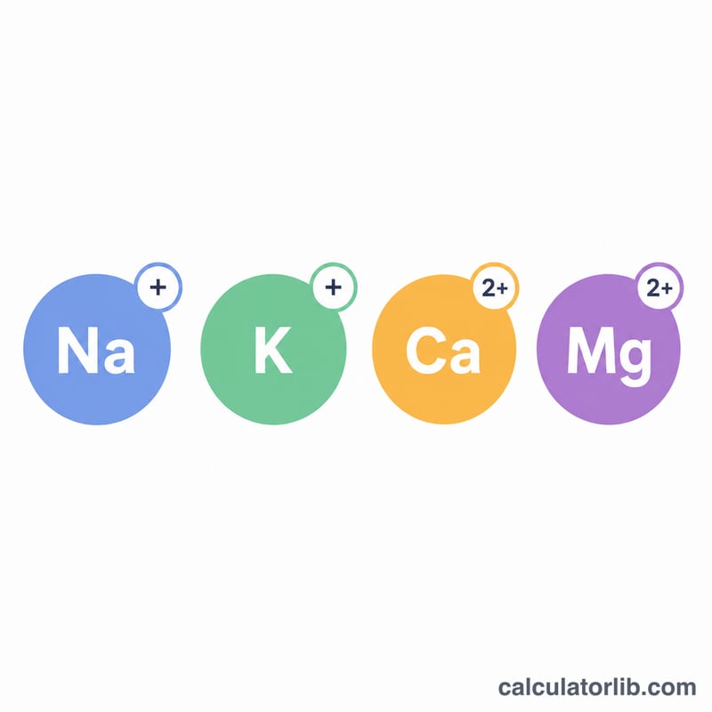 Four electrolyte ions sodium, potassium, calcium, magnesium with their charges