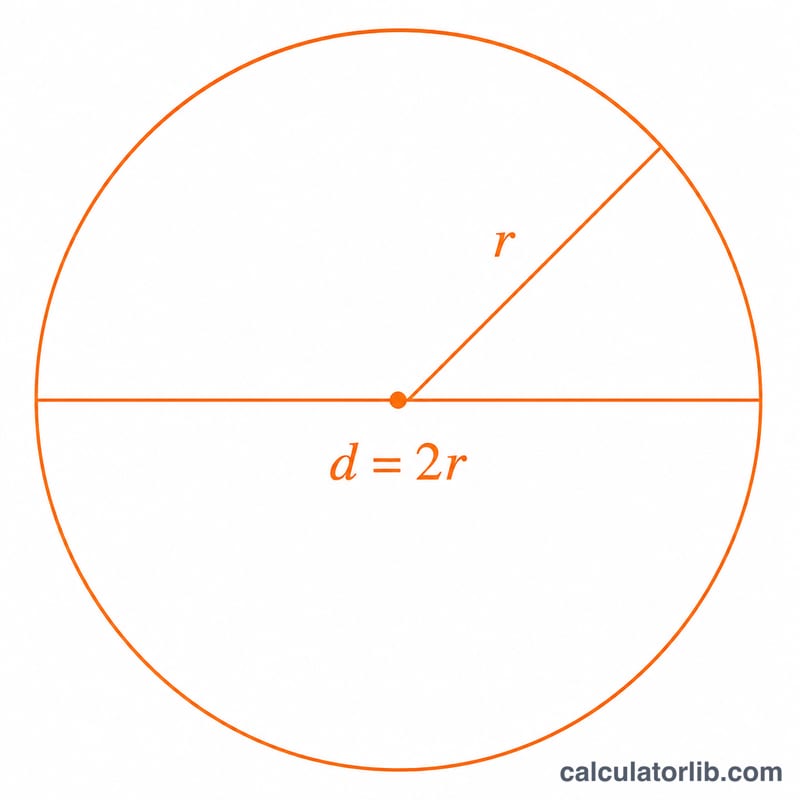 Sphere with labeled radius, diameter, and a point on the surface relative to center