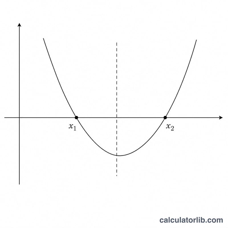 Upward parabola crossing the x-axis at two roots x1 and x2 with their midpoint marked