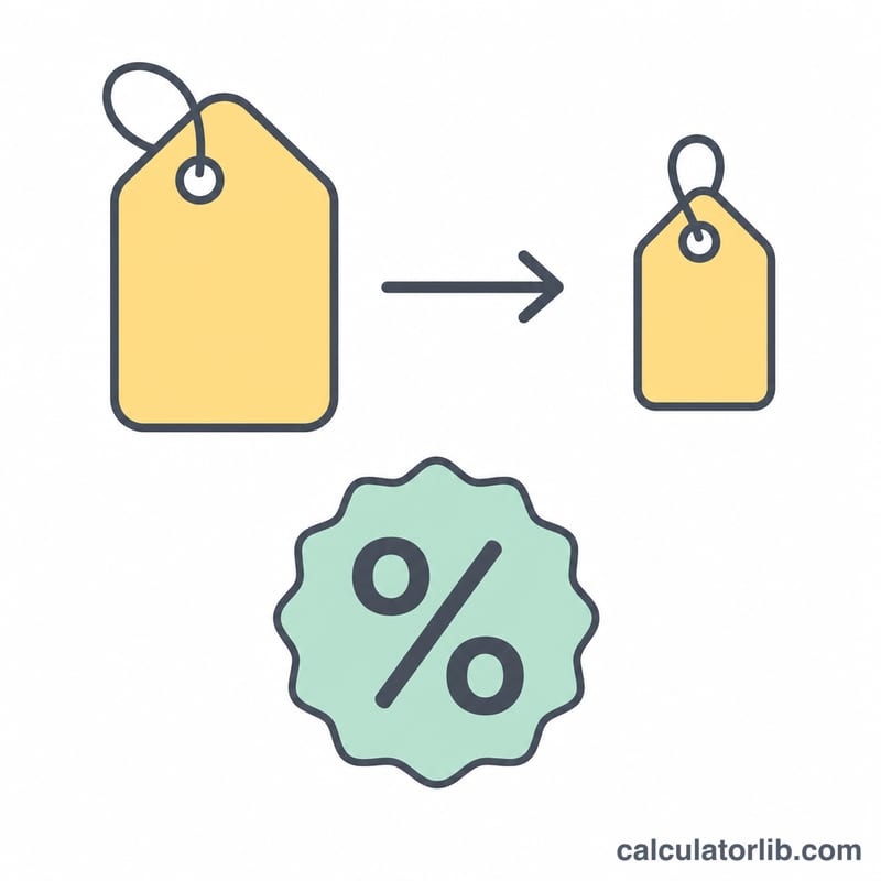 Worked example showing an original price tag, an arrow to a lower sale price tag, and the resulting percent off