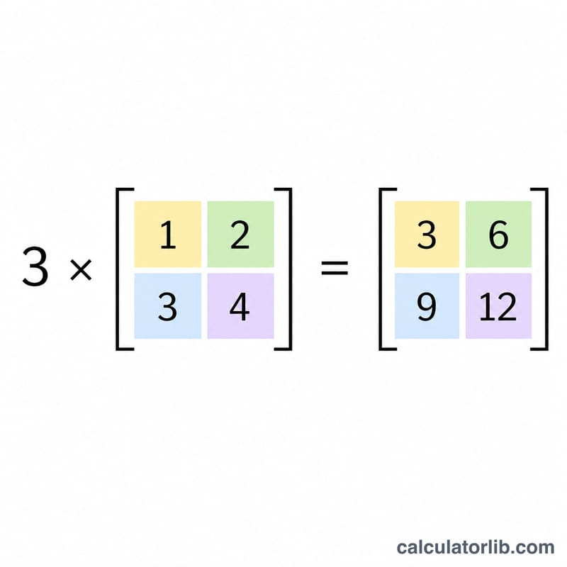 Worked example multiplying matrix with entries 1,2,3,4 by scalar 3 to get 3,6,9,12