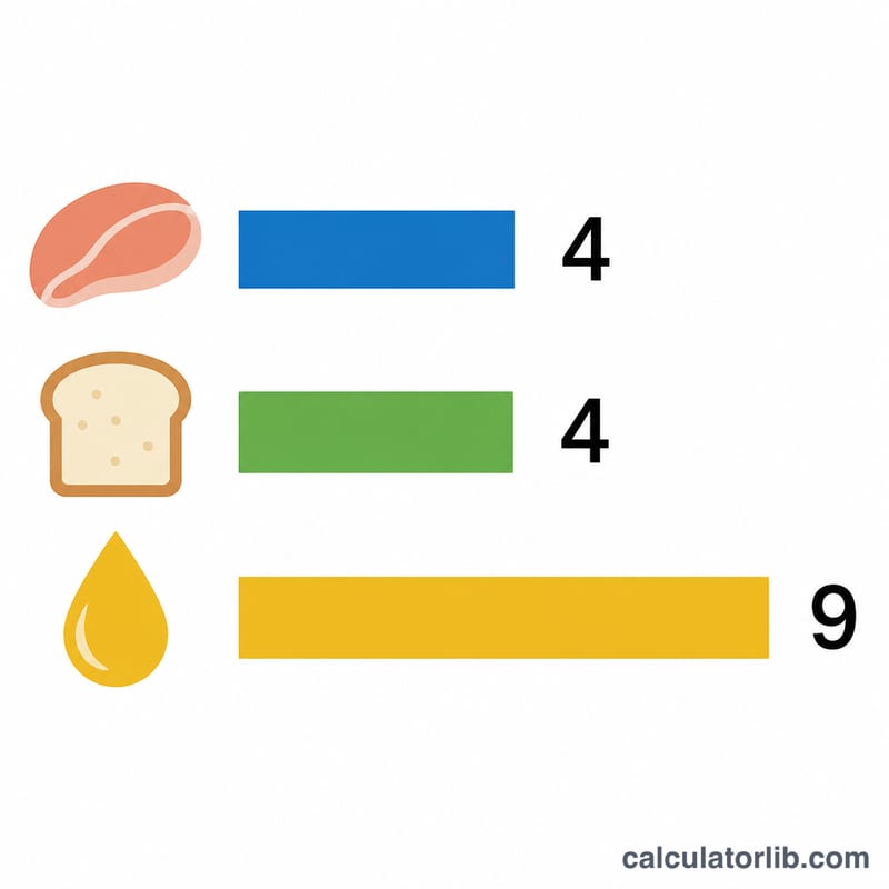 Bars comparing calories per gram: protein and carbs at 4, fat at 9