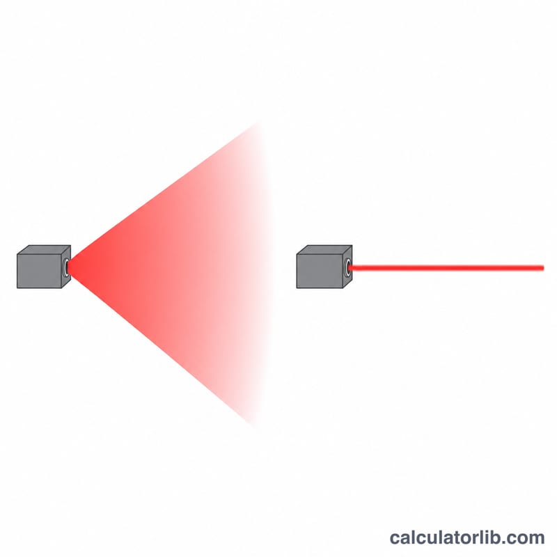 Two laser beams compared: one wide and divergent with low brightness, one narrow and collimated with high brightness