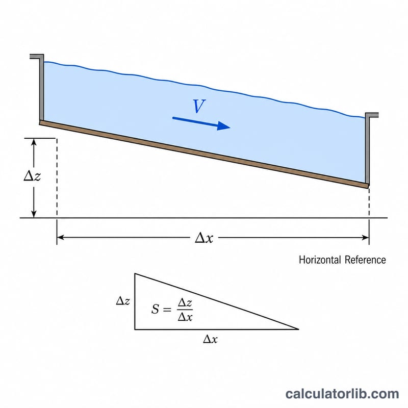 Side view of a sloped channel showing bed slope S and flow velocity V