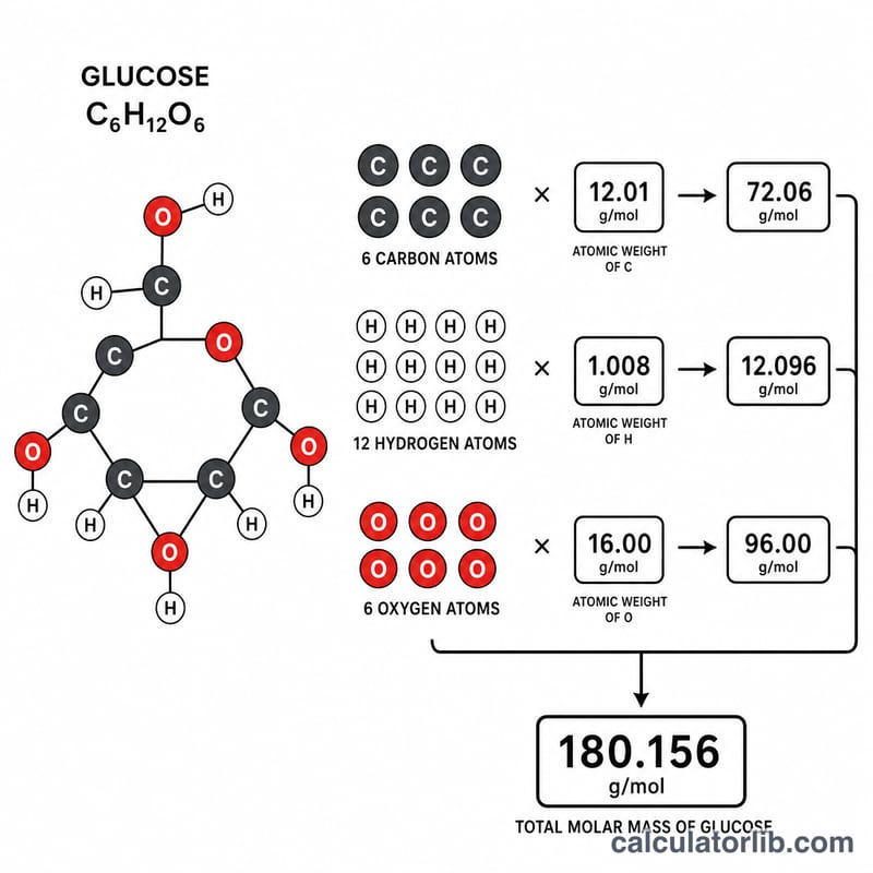 Breakdown of glucose into carbon, hydrogen and oxygen contributions to molar mass