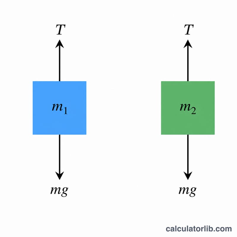 Free body diagrams of the two masses showing tension and weight forces