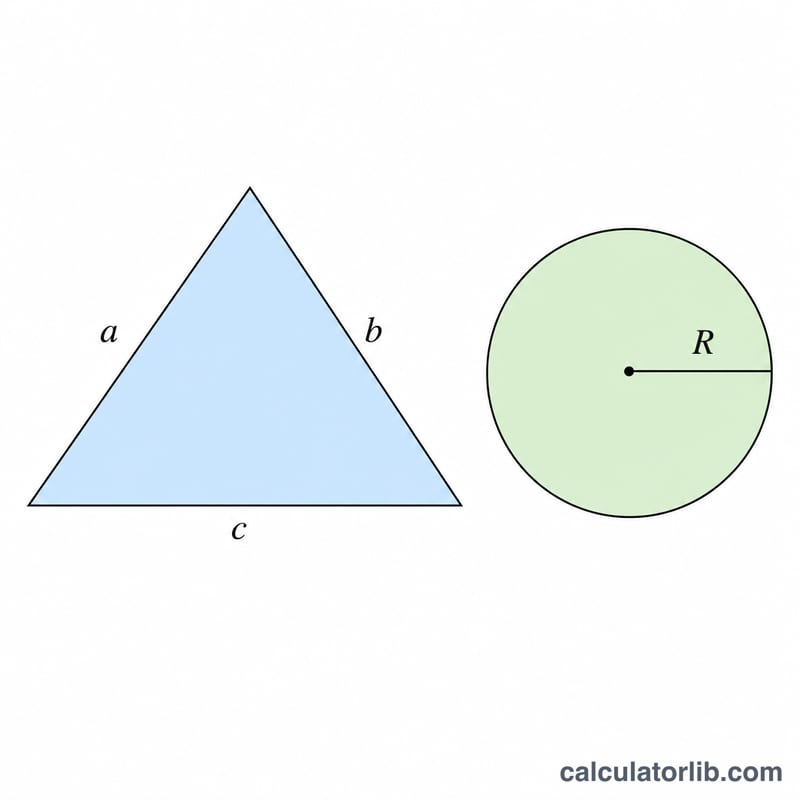 Triangle with sides a, b, c and its area highlighted, beside a circumscribed circle of radius R