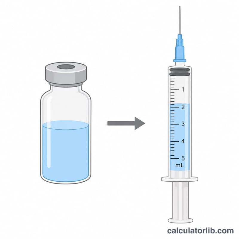 Syringe drawn up to a calculated volume mark from a medication vial