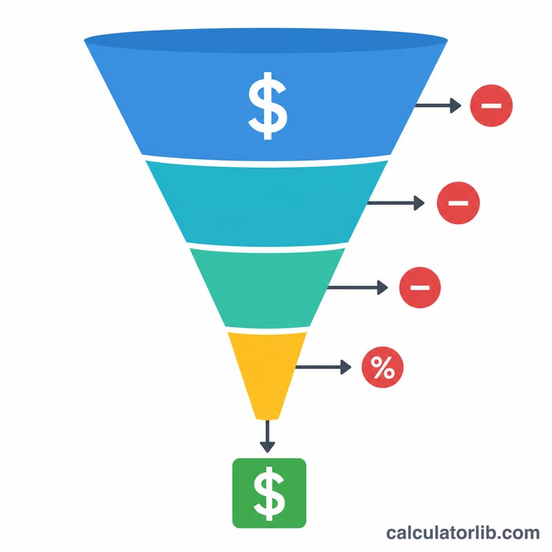 Flat funnel diagram from revenue down to net profit with expense deductions along the way