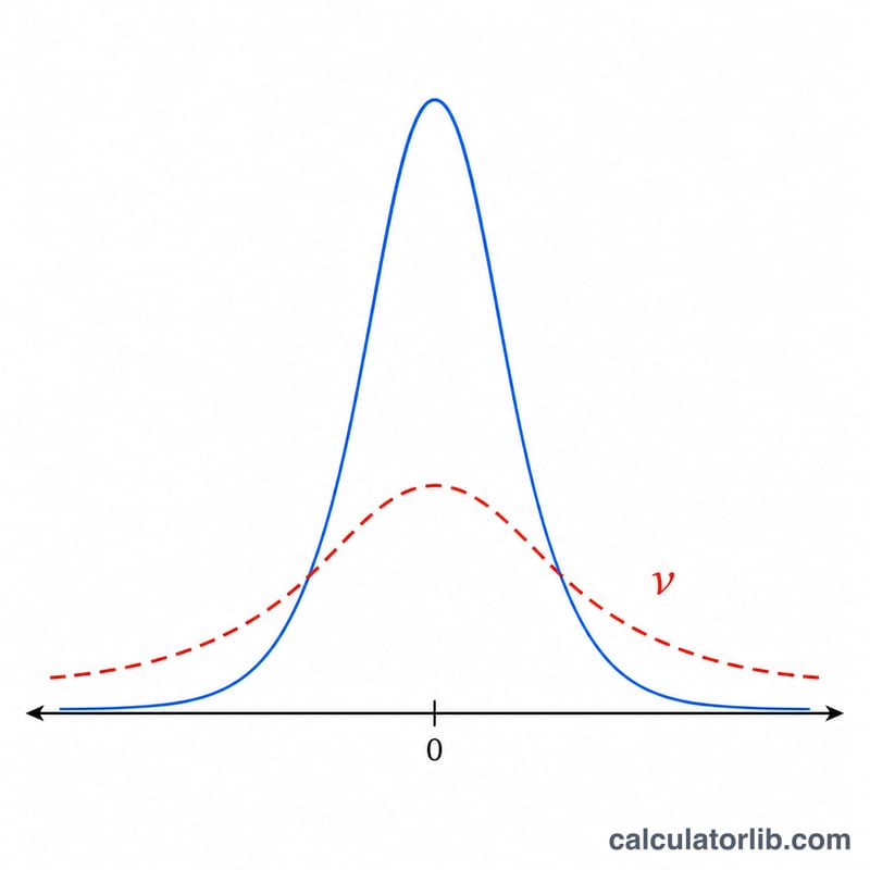 Two overlaid symmetric bell curves: a flatter t-distribution with heavier tails compared to a taller narrower normal distribution