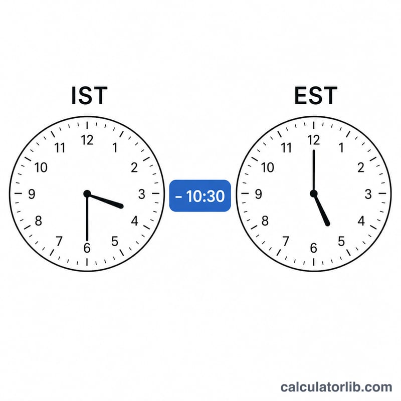 Two clock faces showing IST time and the corresponding EST time 10.5 hours earlier