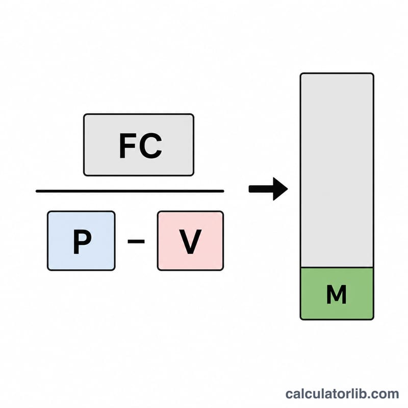 Diagram breaking the break-even formula into fixed cost divided by contribution margin