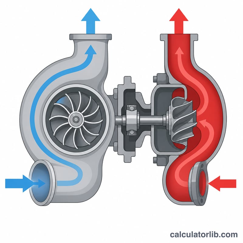 Mặt cắt phẳng của turbo tăng áp cho thấy phía máy nén và phía tua-bin với các mũi tên dòng khí