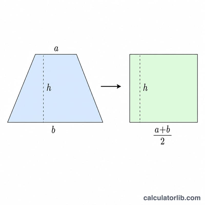 Trapezoid split and rearranged into a rectangle showing the average of the two bases