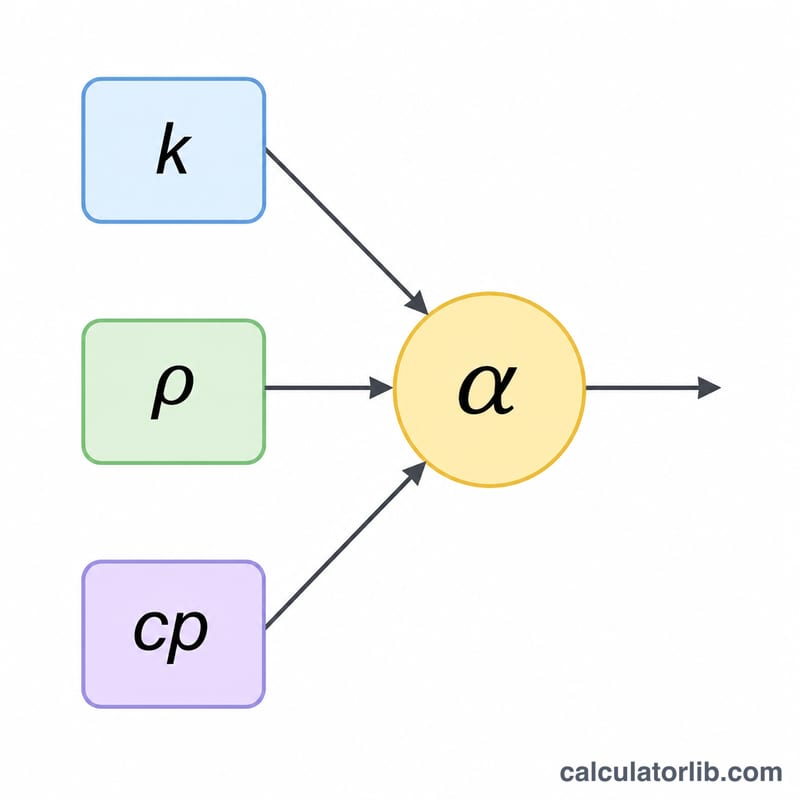 Sơ đồ phẳng thể hiện ba đại lượng k, ρ, cp kết hợp thành độ khuếch tán nhiệt α
