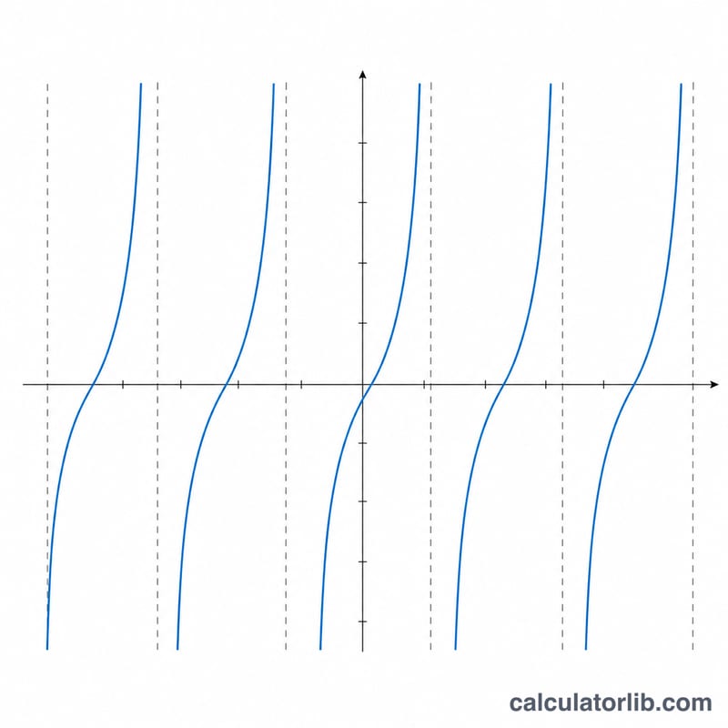 Graph of tangent function showing repeated curves with vertical dashed asymptote lines