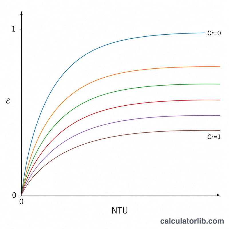 Các đường hiệu suất theo NTU với nhiều giá trị tỉ số nhiệt dung, tăng dần rồi đi ngang