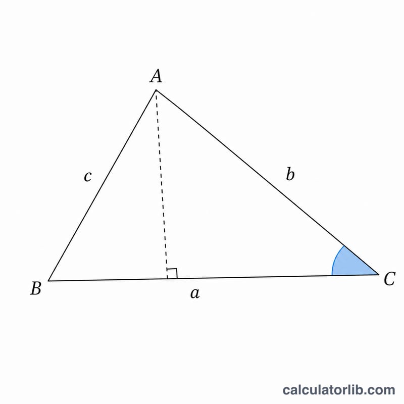 Triangle illustrating the law of sines and law of cosines with sides a b c and angles A B C