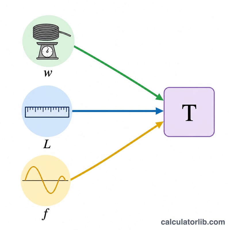 Diagram showing the three inputs unit weight, scale length and frequency feeding into tension formula