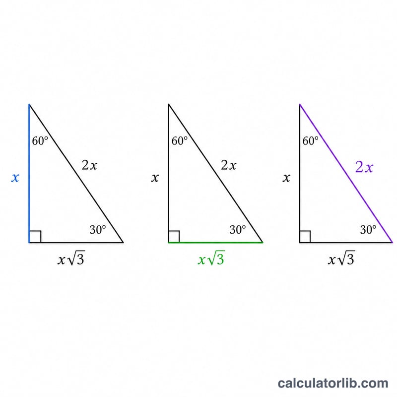 Three 30-60-90 triangles each highlighting a different known starting side