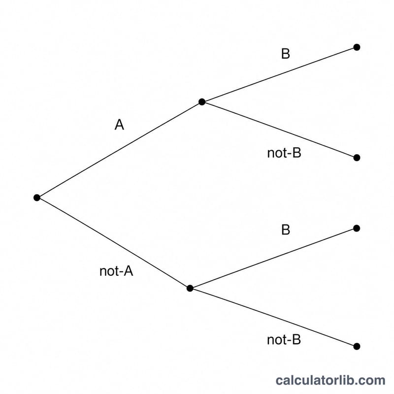 Probability tree diagram branching from a start node into A and not-A, each splitting into B and not-B