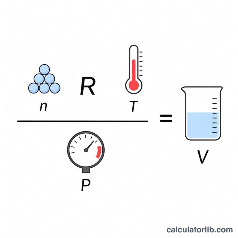 Flat illustration of the formula V equals nRT over P with labeled quantities