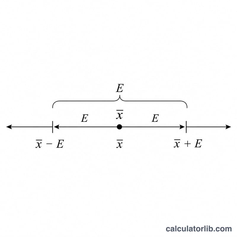 Number line showing sample mean at center with margin of error extending equally to lower and upper bounds