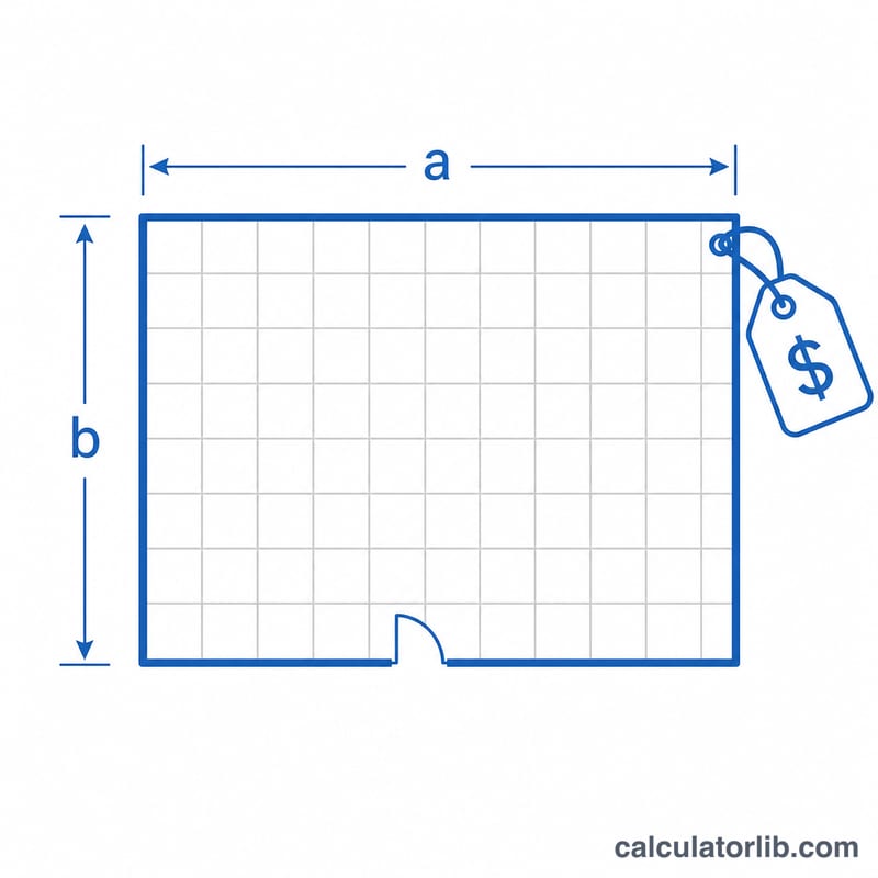 Floor plan rectangle labeled with dimensions and a price tag