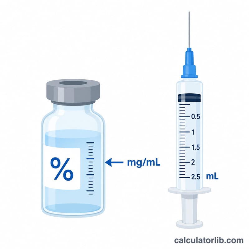 Conversion between lidocaine percentage concentration and milligrams per milliliter shown as a vial with measurement markings