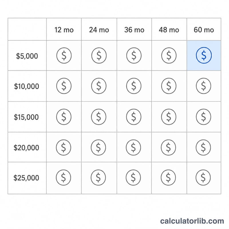 Grid table with loan amounts as rows and loan terms as columns showing payment cells