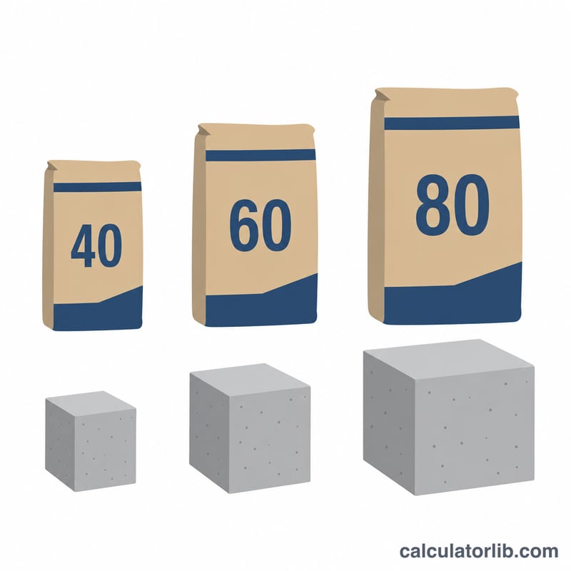 Three concrete bags of different sizes each next to a small volume block showing relative yield