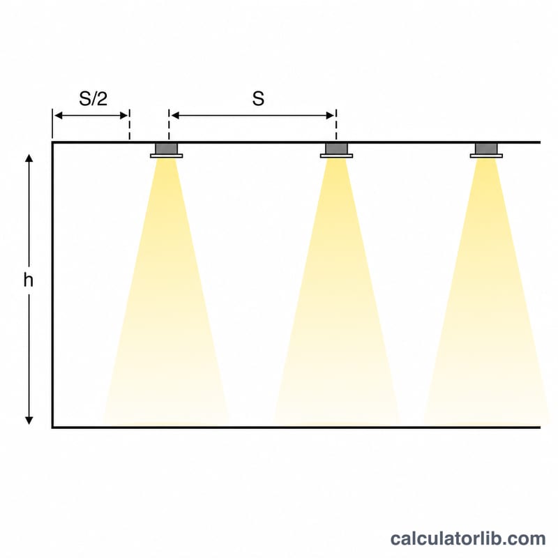 Side view showing ceiling height and edge spacing being half the spacing between fixtures