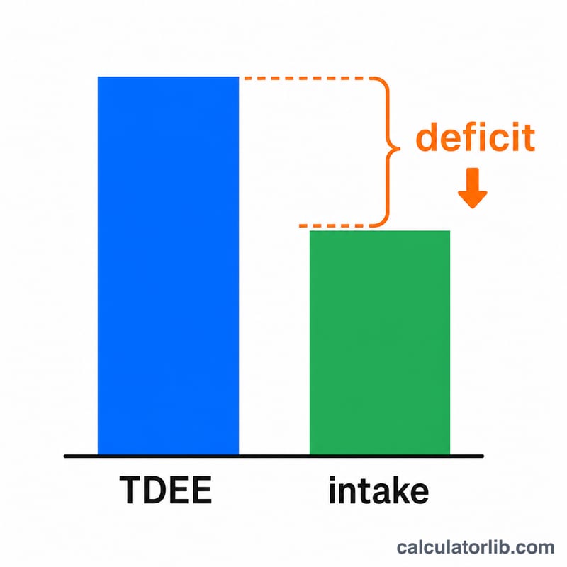 Bar diagram showing TDEE bar minus intake bar leaving a deficit gap