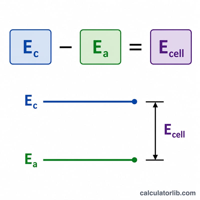 Equation diagram showing cell potential equals cathode potential minus anode potential