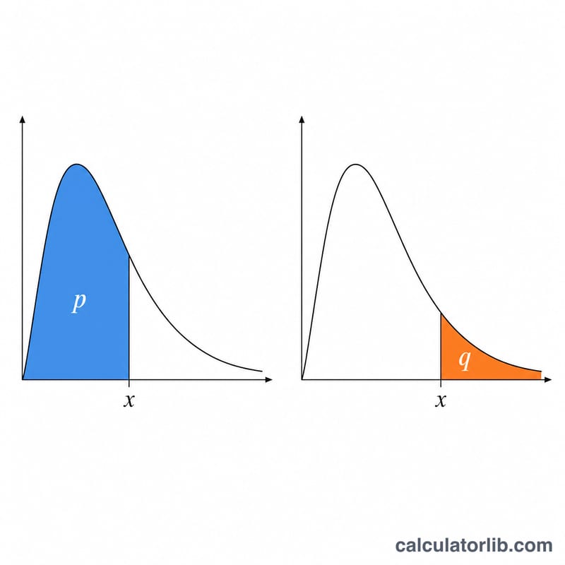 Two chi-square curves showing lower P shaded on the left versus upper Q shaded on the right tail