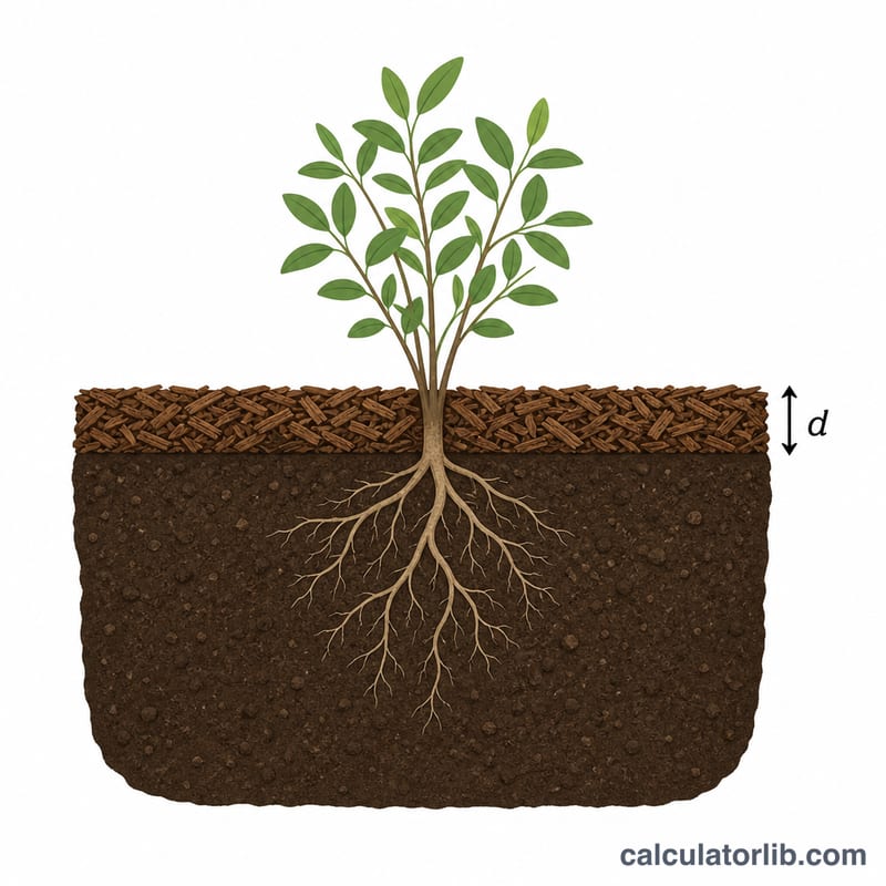Cross-section of mulch layer over soil around a plant showing depth