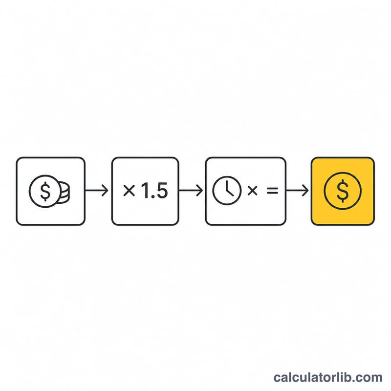 Flow diagram of hourly rate multiplied by 1.5 then by hours equals overtime pay