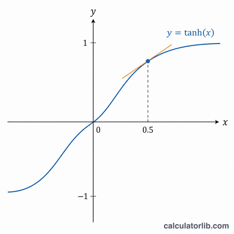 Tangent line touching the tanh curve at x = 0.5 showing the slope