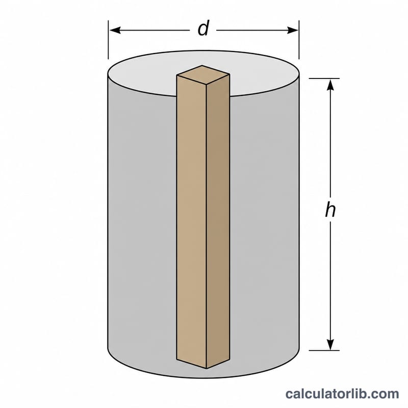 Labeled diagram showing hole diameter d, depth h, and post volume subtracted