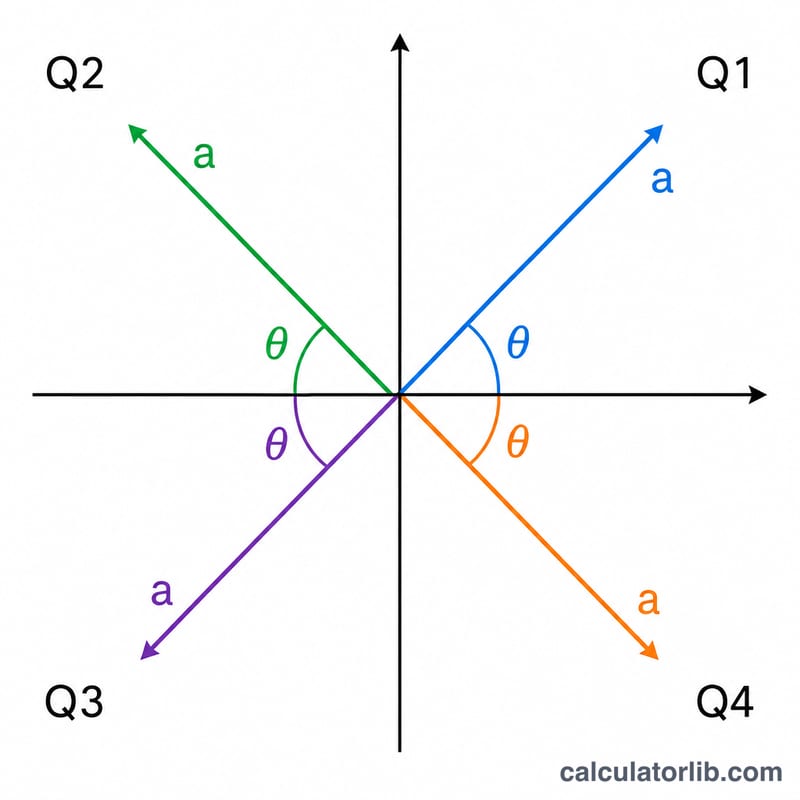 Four quadrants showing the reference angle formula for each quadrant